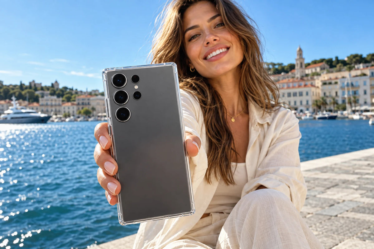 Galaxy-Smartphone mit transparenter Silikonhülle im Alltag